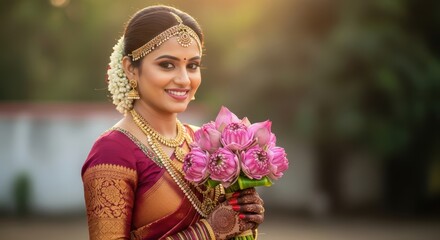 Indian Bride Smiling Holding Pink Lotus Flowers Wearing Maroon Saree Traditional Gold Jewelry Outdoor Sunlight
