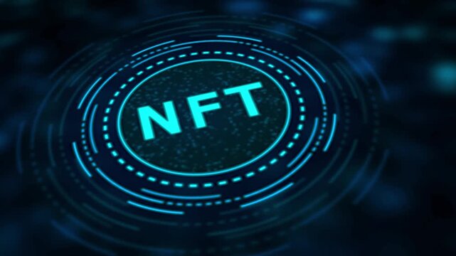 Electric Cyan NFT Text on Futuristic Digital HUD Interface with Dark Bokeh Background non-fungible token - Powered by Adobe