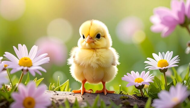 A fluffy, yellow chick stands amidst blooming daisies, surrounded by a vibrant green background, basking in warm sunlight, capturing the essence of spring