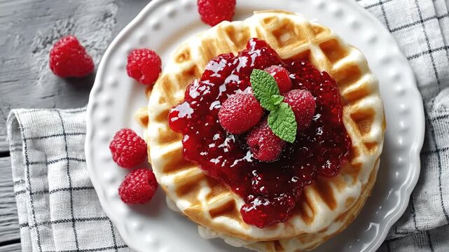 A delectable stack of golden, fluffy waffles is beautifully presented on a pristine white plate, generously topped with vibrant red raspberry jam. Scattered fresh, plump raspberries and a delicate spr