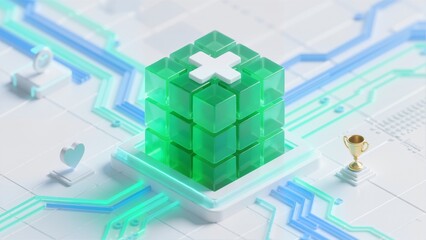 Green cube with cross symbol on circuit board background, featuring trophy and heart icons