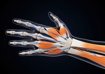 Anatomical illustration of a human hand showing bones, muscles, and veins, isolated on a dark background, medical concept