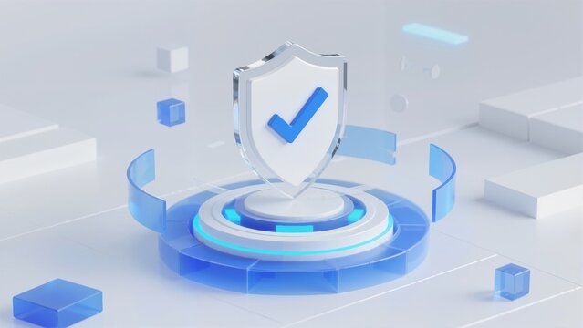 Digital shield with checkmark symbol on a futuristic platform, representing security and protection in technology.