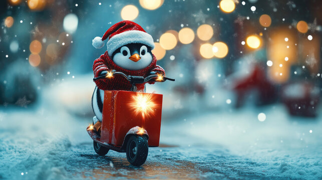 Funny Christmas penguin riding scooter with gift boxes under starry festive lights, creative holiday card design and meme style illustration with banner layout and empty copy space for text