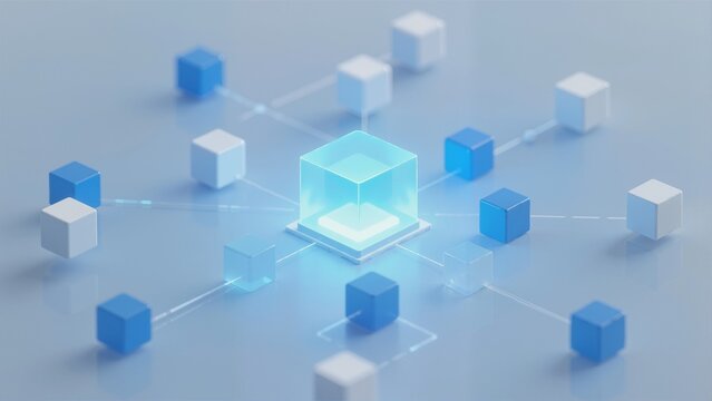 Network of connected cubes with central illuminated cube on blue background
