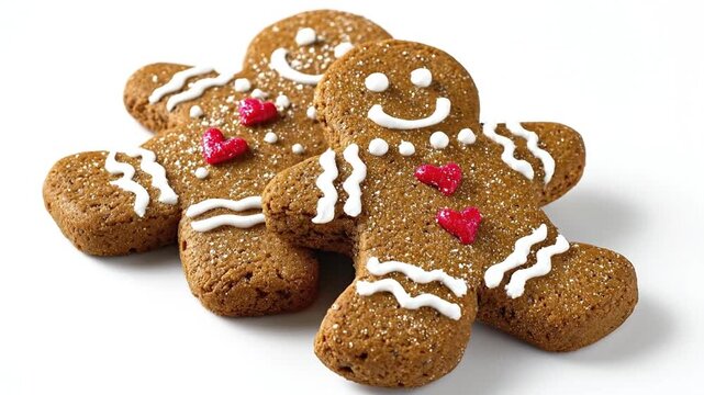 A delightful close-up showcases two charming gingerbread person cookies, meticulously decorated with bright white icing forming cheerful smiles, eyes, and wavy patterns on their limbs. Each cookie fea