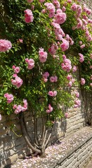 Climbing Roses Adorning a Stone Wall in Full Bloom.