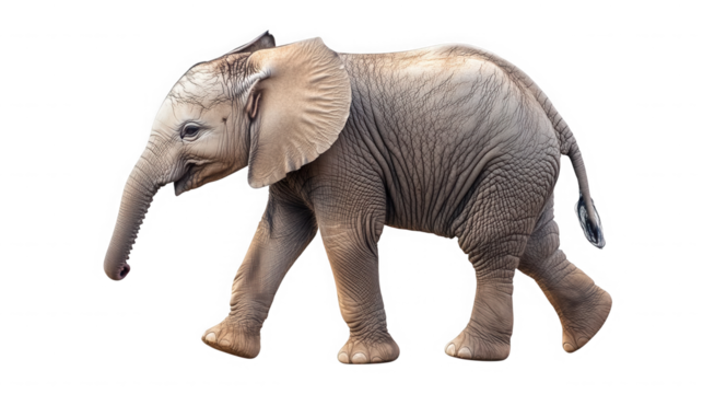 A young elephant calf walking with its trunk down on a black isolated background in studio shot on transparent background