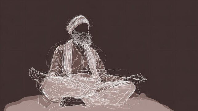Illustration of a bearded man in a turban meditating, showcasing spiritual practice and inner peace - Powered by Adobe