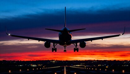 Low-angle silhouette of airplane landing against vibrant sunset sky with city lights.
