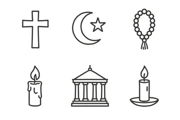 Obraz premium Symbols of religion and spirituality: cross, crescent, prayer beads, candle, temple