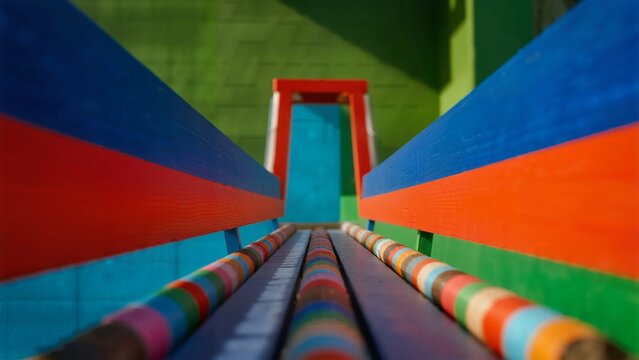 Colorful striped pathway leading through a vibrant geometric tunnel with red, blue, and green walls