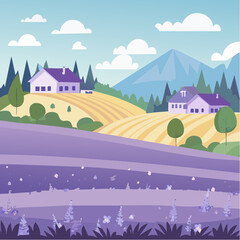 Fototapeta premium Summer rural landscape with houses, lavender fields, trees, meadows and hills in the background.