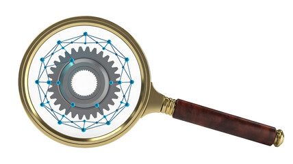 Analyzing global network connections with magnifying glass and gear mechanism