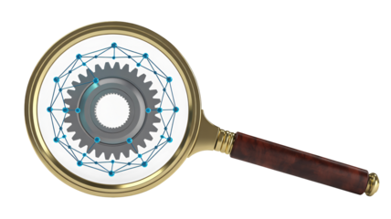 Analyzing global network connections with magnifying glass and gear mechanism