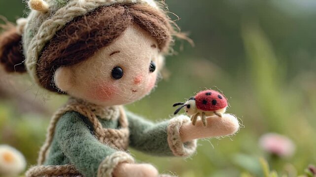 Handmade doll with ladybug on green and beige textured fabric selective focus shot