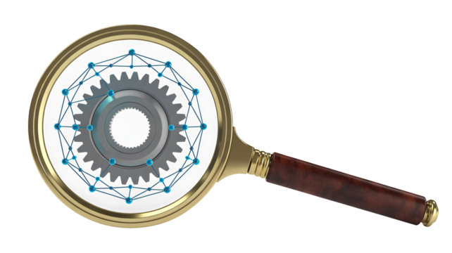 Analyzing global network connections with magnifying glass and gear mechanism