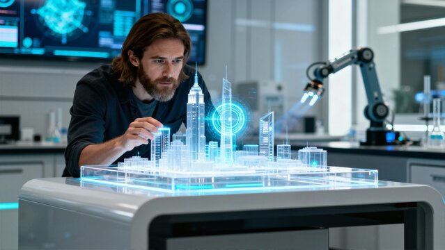 Man analyzing a futuristic city model with holographic displays in a high-tech laboratory setting