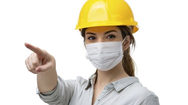 A focused professional, clad in a bright yellow hard hat and a white protective face mask, points directly towards the viewer against a clean white background. This confident individual conveys a stro