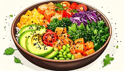 Colorful poke bowl with salmon, avocado, mango, greens, and sesame seeds on a white background, illustration style