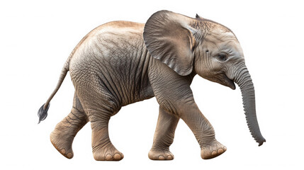 Obraz premium A charming baby elephant walking gracefully with its trunk down isolated on transparent background