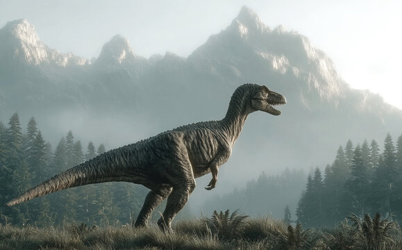 Afrovenator roams a prehistoric landscape filled with forests and mountains