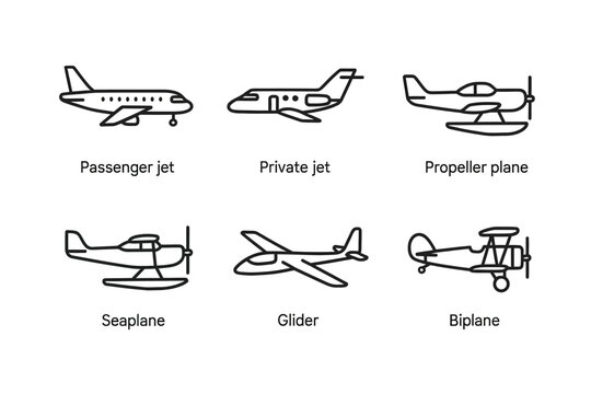Outline illustrations of passenger jet, private jet, propeller plane, seaplane, glider, biplane