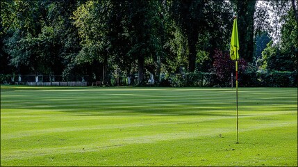 Fototapeta premium golf. Ancient golf course green glowing in morning light, manicured grass surface. event key visuals, club posters, designed for fitness apps and gym onboarding, used by fitness trainers.