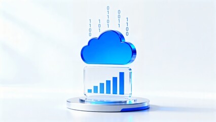 Digital cloud icon with data bar graph and binary code on a transparent base