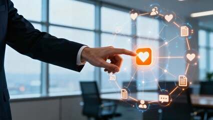 Businessman interacting with a digital network of icons representing connections and data in a modern office setting