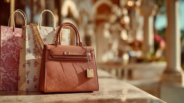 Luxury leather handbag and shopping bags displayed outdoors in sunlight
