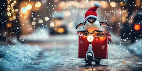 Funny Christmas penguin riding scooter with gift boxes under starry festive lights, creative holiday card design and meme style illustration with banner layout and empty copy space . Gift delivery