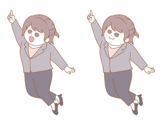 スーツ(パンツ)の女性が指差ししているイラスト　暖色