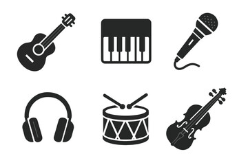 Fototapeta premium Musical instrument icons: guitar, piano, microphone, headphones, drum, violin