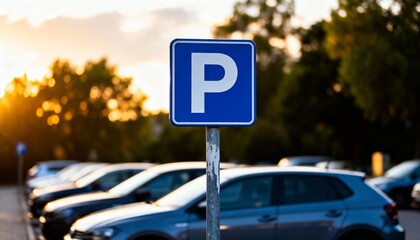 Blue parking sign with blurred cars and warm sunlight.

