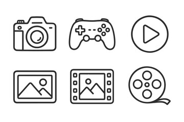 Set of minimalist multimedia icons: camera, game controller, play button, pictures, film reel