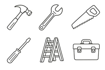 Naklejka premium Outline icons set of tools: hammer, wrench, saw, screwdriver, ladder, toolbox