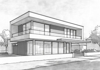 Architectural sketch of modern house with large windows and balcony isolated on white background, concept of architecture and design
