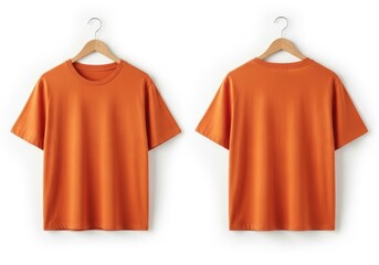 Front and back views of an orange tshirt hanging on a wooden hanger isolated on white background ready for your design presentation