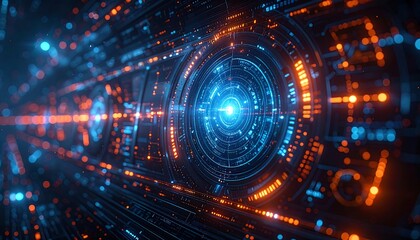 Abstract futuristic digital art with orange and blue glowing lights and concentric circles in a tunnel-like perspective