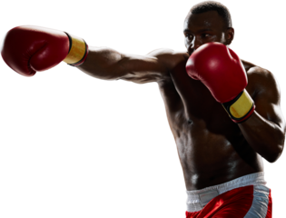 Focused male boxer throwing direct punch with power and precision in dynamic motion. Concept of speed, strength, confidence, and fighting spirit. Transparent background