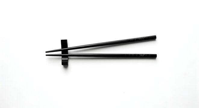 Two black chopsticks and a holder on a white background. Well-lit, minimalist composition - Powered by Adobe