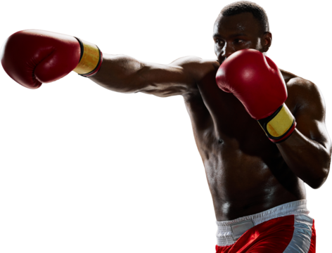 Focused male boxer throwing direct punch with power and precision in dynamic motion. Concept of speed, strength, confidence, and fighting spirit. Transparent background