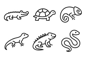 Simple outline icons of reptiles: crocodile, turtle, chameleon, lizard, iguana, snake