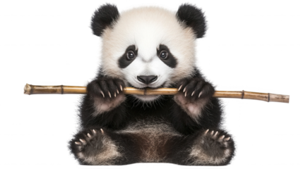 A cute panda bear holding a bamboo stick in its paws against a black background looking at the viewer on transparent background