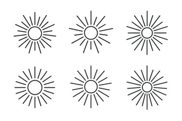 Set of six minimalist black sun icons with radiating lines on white background