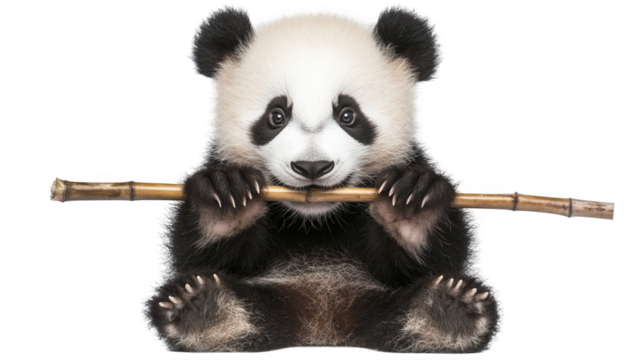A cute panda bear holding a bamboo stick in its paws against a black background looking at the viewer on transparent background