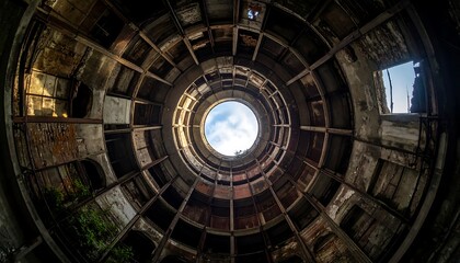 Distressed circular tower interior looking up through a hole in the ceiling revealing the sky