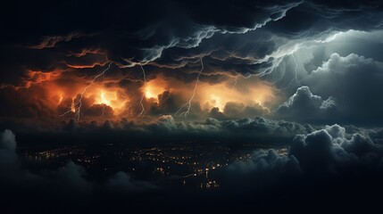 Dramatic thunderstorm with lightning strikes over a city, aerial perspective