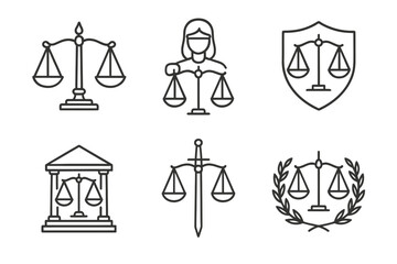 Justice symbols: scales of balance, legal authority, and protection icons